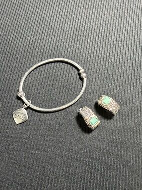 Brighton Silver Bangle with Green Stone Earrings
